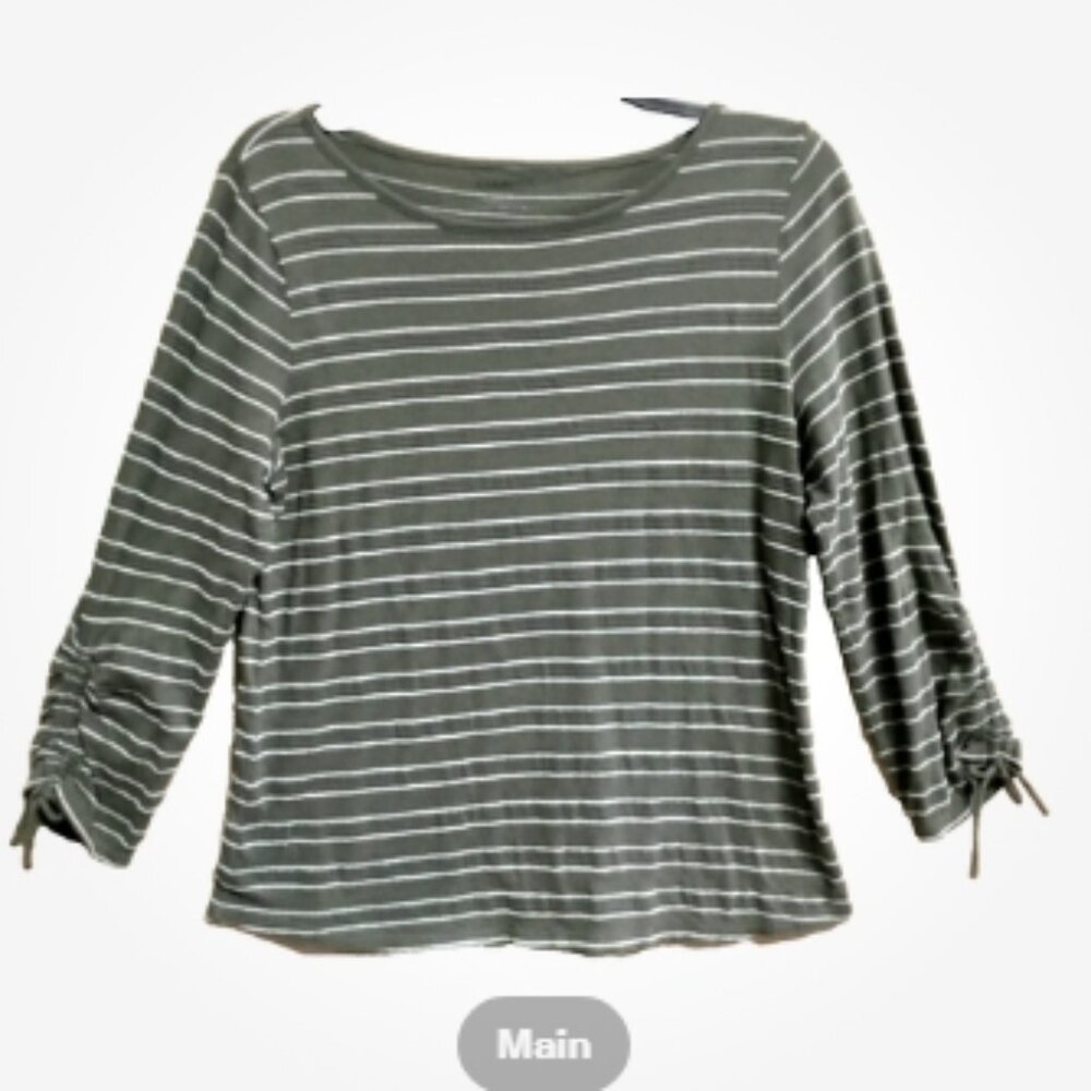 Talbots Women Size L Pullover Top Blouse Cotton Knit Olive Green White Striped